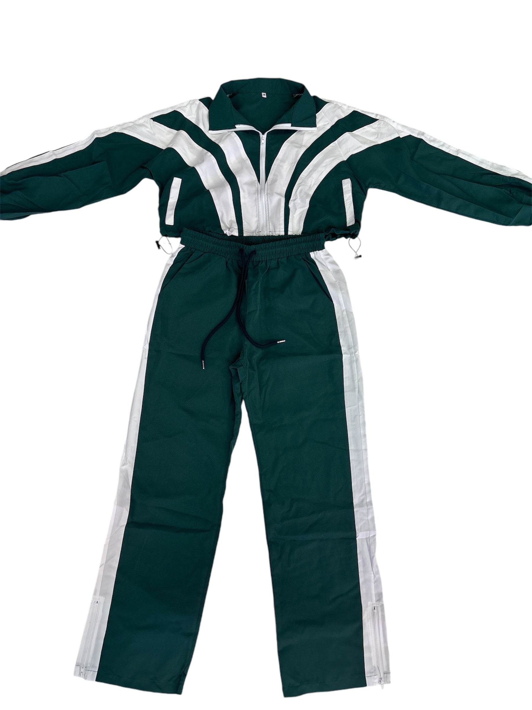 Green swishy tracksuit